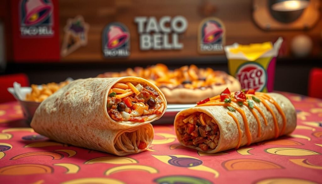 A beautifully arranged display of memorable Taco Bell discontinued menu items, prominently featuring a Crunchwrap Supreme, Mexican Pizza, and the infamous Beefy Fritos Burrito, all set on a vibrant, taco-themed tablecloth. In the foreground, the Crunchwrap is fully assembled, showcasing its layers of ingredients. The middle ground captures the Mexican Pizza, its cheesy and savory toppings glistening under warm lighting. The background features subtle elements like Taco Bell branding and colorful sauce packets, creating a nostalgic ambiance. The scene is brightly lit to evoke a lively and cheerful mood, with a focus on the textures and colors of the food. Photographed with a shallow depth of field, the items are clearly in focus while the background softly blurs, emphasizing the deliciousness of these iconic fast food items.