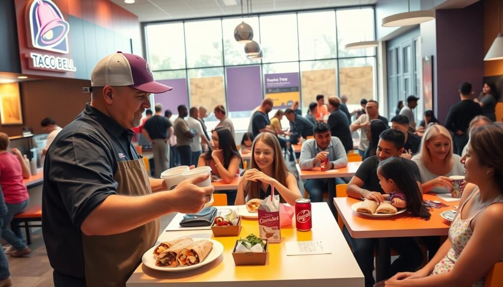 A bustling Taco Bell during breakfast hours, showcasing the vibrant atmosphere and significant customer flow. In the foreground, a professional employee, dressed in a Taco Bell uniform, serves delicious breakfast items like the Breakfast Crunchwrap and coffee to eager customers. The middle ground features a mix of diverse patrons, including families and young professionals in casual attire, enjoying their meals at bright, colorful tables. In the background, large window displays let in soft, warm morning light, enhancing the inviting ambiance. Capture the dynamic energy of customers engaging in conversations while enjoying their breakfast. The overall mood is lively and cheerful, reflecting the impact of breakfast hours on sales, with an emphasis on freshness and enjoyment. Use a wide-angle lens to present a comprehensive view of the scene, ensuring a bright and inviting atmosphere.