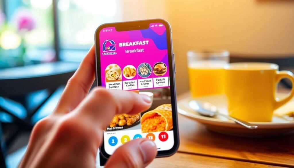 A close-up view of a smartphone screen displaying the Taco Bell app's breakfast ordering interface, featuring vibrant images of breakfast burritos, hash browns, and coffee. The foreground shows a hand gently tapping the screen, with neatly manicured fingers. In the middle, the app's colorful icons and food items are highlighted, showcasing the enticing breakfast menu. The background features a cozy breakfast setting with soft morning light streaming through a window, creating a warm, inviting atmosphere. The colors are bright and appetizing, emphasizing the excitement of ordering breakfast. The scene conveys a sense of convenience and anticipation, perfect for enjoying Taco Bell's breakfast offerings.