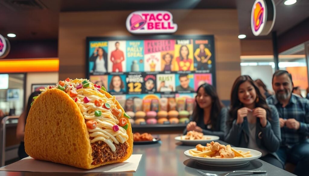 A colorful Taco Bell menu featuring mega-sized items inspired by iconic pop culture phenomena. In the foreground, a whimsical double-decker taco shaped like a famous movie character, adorned with bright colors and playful decorations. In the middle, a vibrant collection of limited-time offerings styled after popular music trends and TV shows, arranged on a visually enticing display. The background showcases a lively Taco Bell restaurant filled with diverse patrons in modest casual clothing, enjoying their meals with expressions of delight. Warm, inviting lighting casts a glow across the scene, creating a fun and nostalgic atmosphere reminiscent of late-night fast-food culture. Capture this dynamic and playful homage to pop culture's impact on Taco Bell's menu innovation.