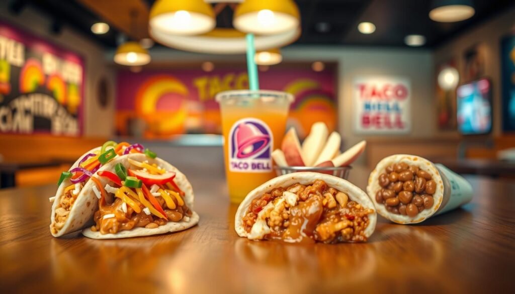 A colorful and appetizing display of Taco Bell Kids Menu items arranged enticingly on a wooden table. In the foreground, there are vibrant, kid-friendly dishes including a soft taco, a cheesy quesadilla cut into fun shapes, and a small bean burrito, all styled with playful garnishes like colorful veggies and bright sauces. The middle ground features a cup of refreshing beverage, possibly a fruit-flavored drink, positioned alongside a side of apple slices. Behind this setup, the background is softly blurred to reveal a cozy Taco Bell restaurant interior, with cheerful, welcoming decor and soft, warm lighting that creates a lively atmosphere. The scene conveys a sense of fun, warmth, and family-friendly dining, perfect for children. The angle captures the food from slightly above, highlighting the texture and colors.