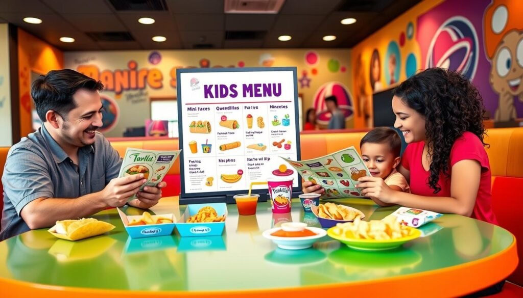 A colorful and vibrant Taco Bell restaurant interior showcasing the updates to the Kids Menu. In the foreground, a family of four—parents in casual yet neat clothing—are seated at a brightly colored table, examining a fun, illustrated kids' menu. On the table, an array of appealing, kid-friendly food items like mini tacos, quesadillas, and nachos with dip are presented in playful packaging. In the middle, a prominent display board highlights the new additions to the kids’ offerings, featuring charming artwork and playful colors. In the background, the restaurant's lively decor includes colorful murals and images of beloved Taco Bell characters, with soft ambient lighting creating a cheerful atmosphere. The scene is captured from a slightly elevated angle, creating a welcoming and inviting mood for families.