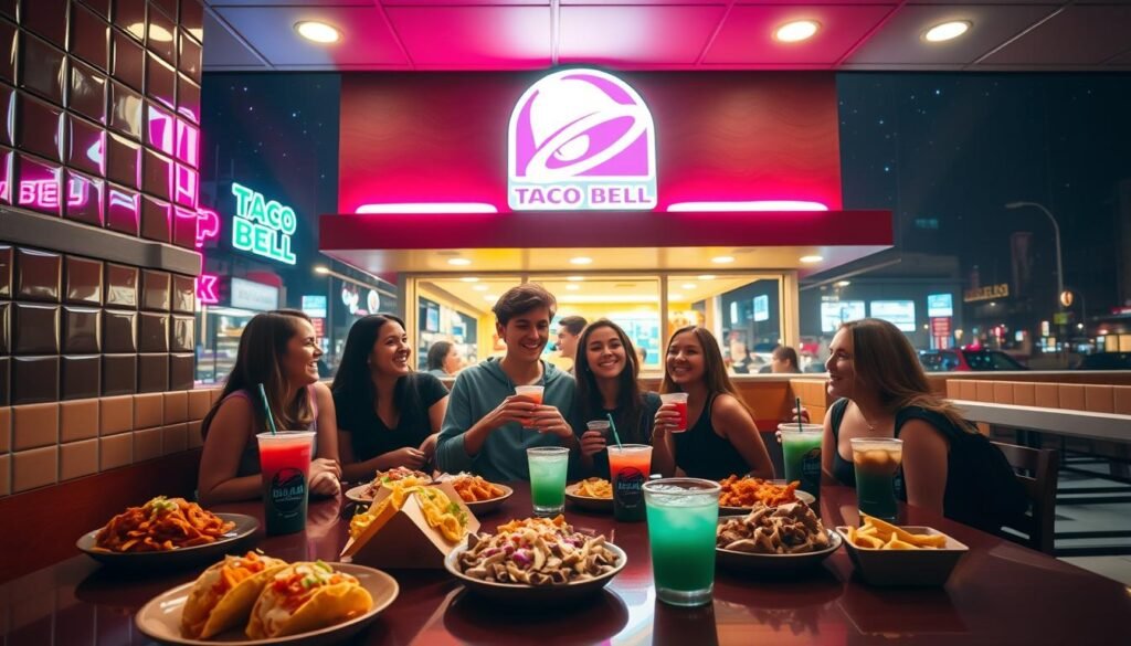 A cozy Taco Bell at midnight, glowing warmly with neon lights reflecting off the glossy tiles. In the foreground, a table is set with various items from the Baja Midnight Menu: crunchy tacos, vibrant nachos, and refreshing Baja drinks, all artfully arranged. In the middle, a group of young adults in casual attire laughs and shares food, capturing the lively atmosphere of late-night cravings. The background features the iconic Taco Bell logo illuminated against a starry night sky, with a hint of bustling streets outside. The scene is lively yet relaxed, with a warm, inviting glow that evokes a sense of comfort and camaraderie, highlighting the allure of late-night fast food dining.