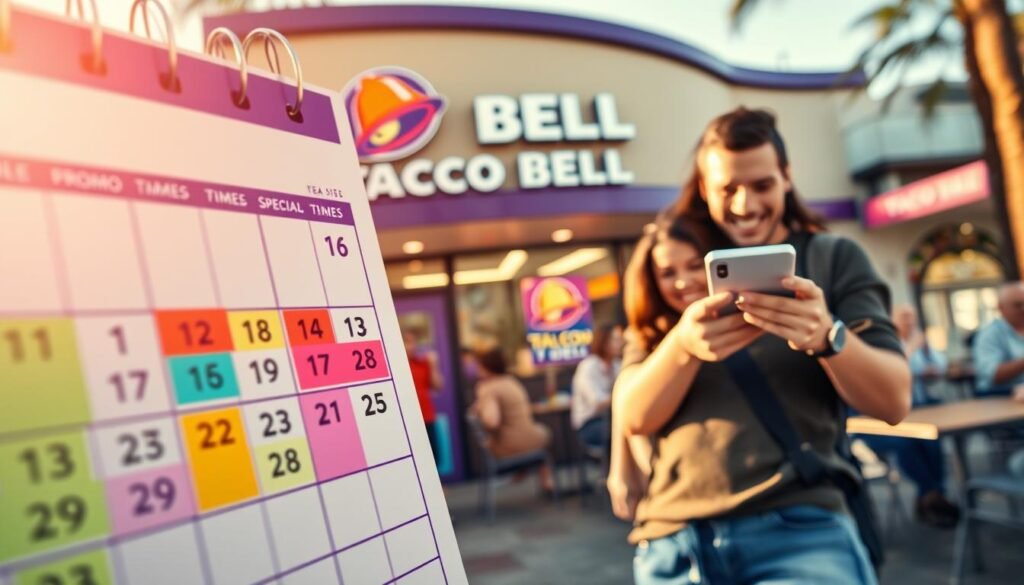 A dynamic and engaging image illustrating the optimal times to use Taco Bell promo codes. In the foreground, a close-up of a colorful calendar marked with highlighted dates, showcasing special promo days in vibrant colors. The middle layer features an inviting Taco Bell restaurant, with its iconic logo prominently displayed, and a cheerful customer in casual attire holding a smartphone, excitedly checking for deals. The background captures a sunny day, with people enjoying their meals at outdoor tables, creating a lively atmosphere. Soft, golden lighting enhances the friendly vibe, reminiscent of midday, with a slight blurred effect on the background to draw focus to the calendar and customer interaction. The overall mood conveys excitement and anticipation for tasty Taco Bell treats and savings.