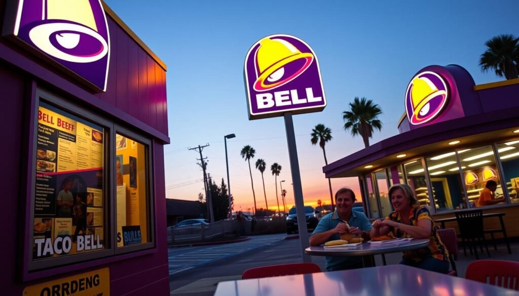 A nostalgic 1990s Taco Bell restaurant scene, featuring a vibrant purple and yellow color scheme typical of the era. In the foreground, a classic Taco Bell order window displays a menu board with popular items like the Bell Beefer and Mexican Pizza. Three patrons dressed in colorful 90s casual wear are happily enjoying their meals at a Formica table, capturing the excitement of fast food dining. In the middle ground, the familiar Taco Bell logo adorns the building exterior, with large neon signage glowing under soft evening lighting. In the background, a few palm trees sway gently, while a sunset casts a warm, inviting glow over the scene, evoking a sense of nostalgia and community. The angle is slightly elevated, giving a broad view of the experience.