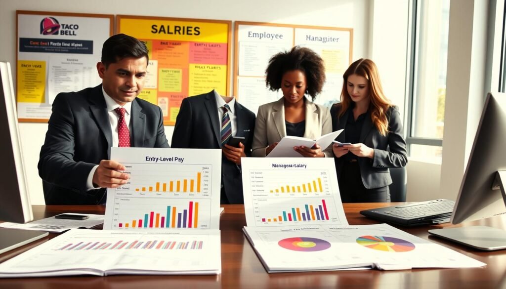 A professional business setting showing a detailed analysis of Taco Bell's entry-level pay and management salaries. In the foreground, a computer desk with open spreadsheets and charts displaying salary figures, represented through visually engaging graphical elements like bar graphs and pie charts. The middle ground features a diverse group of three individuals dressed in smart business attire: a Hispanic male and a Black female intensely discussing the data, and a Caucasian female taking notes. In the background, a bulletin board displaying company values and employee benefits enhances the corporate atmosphere. The lighting is bright and natural, coming from a large window to the side, creating a clear and inviting work environment. The overall mood is focused and professional, showcasing a keen interest in workplace equity and compensation.