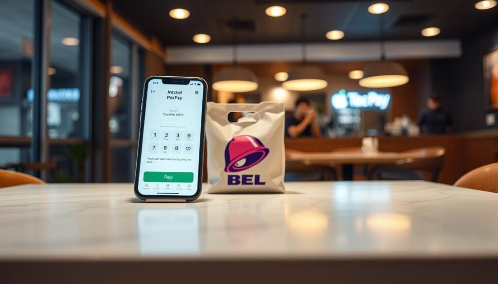 A sleek and modern smartphone displaying the Apple Pay interface, glowing brightly in the foreground. The phone is tilted slightly to showcase the user-friendly app design, with recognizable icons and an interactive payment screen. In the middle, a clean, minimalist table surface holds a stylish Taco Bell bag, evoking a casual dining setting. The background features a softly blurred Café interior, with warm ambient lighting that creates a welcoming atmosphere, hinting at a bustling environment. The overall scene is captured from a slightly elevated angle, giving depth and perspective, while maintaining a professional, informative mood that conveys the reliability and convenience of Apple Pay as a payment method.