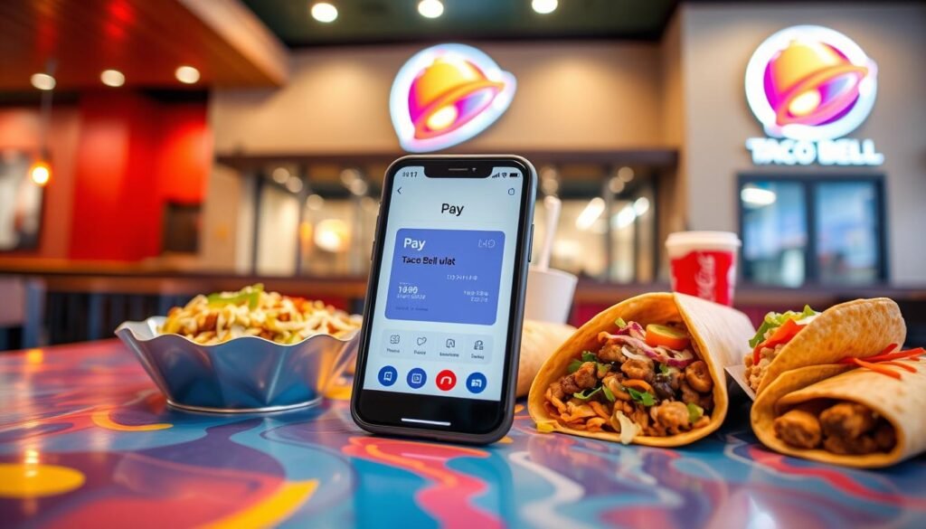 A smartphone displaying the Apple Pay wallet interface prominently in the foreground, surrounded by delicious Taco Bell food items like tacos and burritos on a vibrant, colorful tabletop. The middle ground features a modern Taco Bell restaurant with its iconic logo, subtly indicated in the background. The lighting is bright and inviting, mimicking a casual fast-food dining atmosphere, with warm colors enhancing the appeal of both the food and the payment option. The angle is slightly elevated, allowing for a clear view of the smartphone and the food while capturing a cozy dining environment. The overall mood is upbeat and friendly, reflecting the convenience and benefits of using mobile payments at a beloved fast-food restaurant.