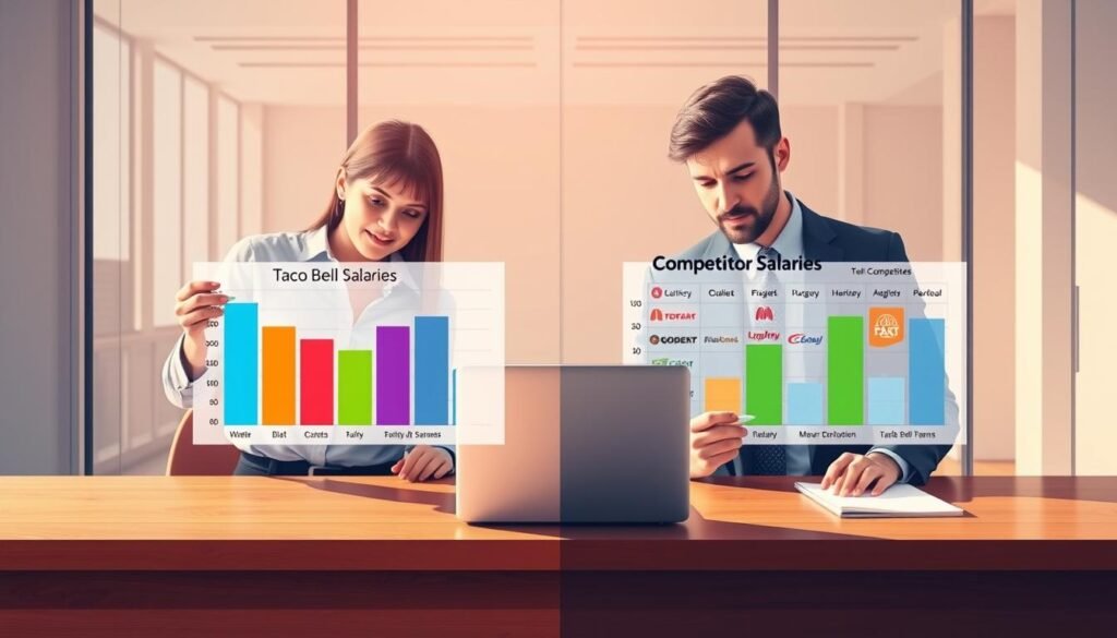 A split-screen illustration showing a salary comparison between Taco Bell and its competitors, featuring a sleek, modern office background. On the left, depict a business professional in modest casual clothing analyzing a colorful bar graph labeled "Taco Bell Salaries" with clear, vibrant bars. On the right, another professional in business attire examines a similar graph titled "Competitor Salaries," featuring diverse fast-food brands. The foreground should include a polished wooden desk with a laptop and notepad, casting soft shadows. The middle section features both professionals engaged in a collaborative discussion, exuding an atmosphere of productivity and analysis. The lighting should be bright yet warm, creating an inviting and professional environment, captured from an eye-level angle to emphasize the interaction.