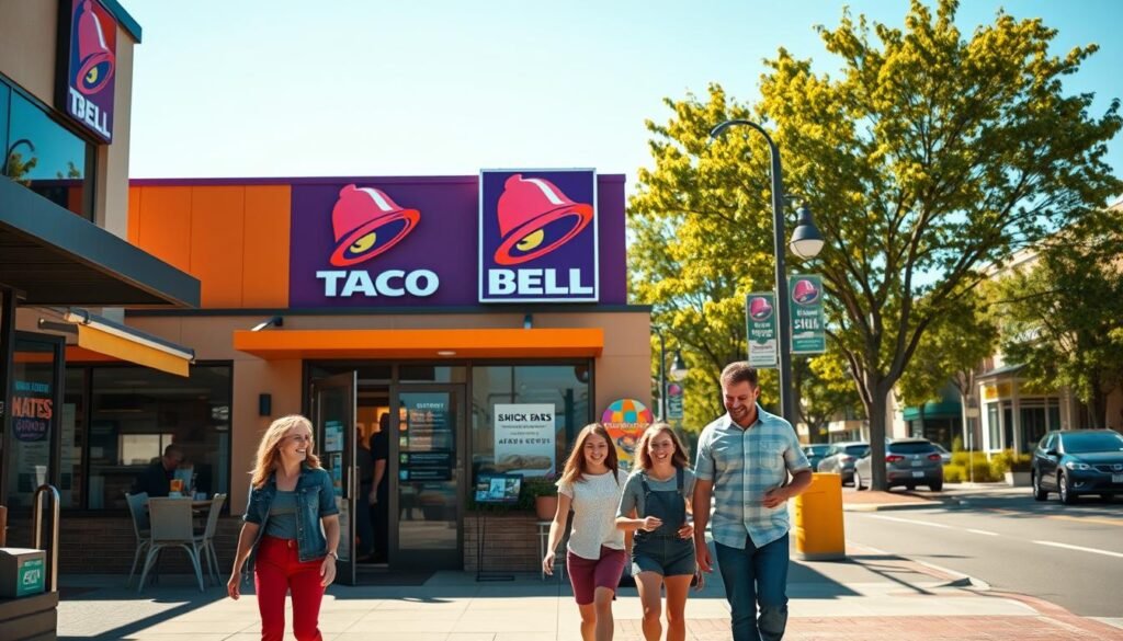 A sunny street scene showcasing a bustling Taco Bell restaurant. In the foreground, a family happily approaches the entrance, dressed in casual yet neat clothing, smiling as they look at the menu displayed outside. The middle ground features a bright, welcoming Taco Bell sign, with the restaurant's vibrant purple and orange colors contrasting against a clear blue sky. In the background, various shops and green trees can be seen lining the street, creating a lively atmosphere. The scene captures late morning light, casting soft shadows and highlighting the inviting surroundings. The overall mood is cheerful and inviting, emphasizing the convenience of finding a Taco Bell breakfast location. No text or logos included.