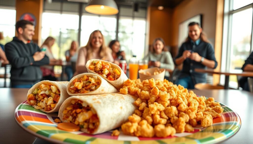 A vibrant Taco Bell breakfast scene showcasing an enticing spread of menu items. In the foreground, a colorful plate features a variety of breakfast options like Crunchwraps, Breakfast Burritos, and hash browns, beautifully arranged. In the middle, display a bright, inviting Taco Bell restaurant interior with cheerful patrons enjoying their meals, dressed in casual yet neat attire. The background features large windows allowing sunlight to stream in, enhancing the warm and welcoming atmosphere. Use a slightly elevated angle to capture the dynamic interaction of customers, creating a sense of community and enjoyment. Soft, natural lighting emphasizes the freshness of the food, while the overall mood feels energizing and positive, celebrating the joy of breakfast at Taco Bell.