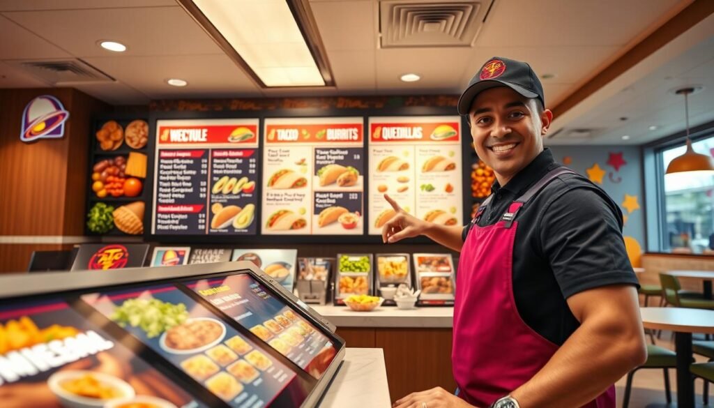 A vibrant Taco Bell counter showcasing a customizable menu board filled with an array of colorful ingredients and options for tacos, burritos, and quesadillas. In the foreground, a cheerful employee wearing a Taco Bell uniform stands ready to assist customers, pointing towards the menu. The middle ground features a sleek digital menu display highlighting various combinations, with fresh toppings like avocados, lettuce, cheese, and salsas artistically arranged. The background includes a bright, modern dining area with playful Taco Bell-themed decorations, bathed in warm, inviting lighting. The overall atmosphere is lively and engaging, capturing the flexibility and variety of Taco Bell's menu options, encouraging diners to explore their choices at any time of day. Use a wide-angle lens perspective to enhance the sense of space and interaction.
