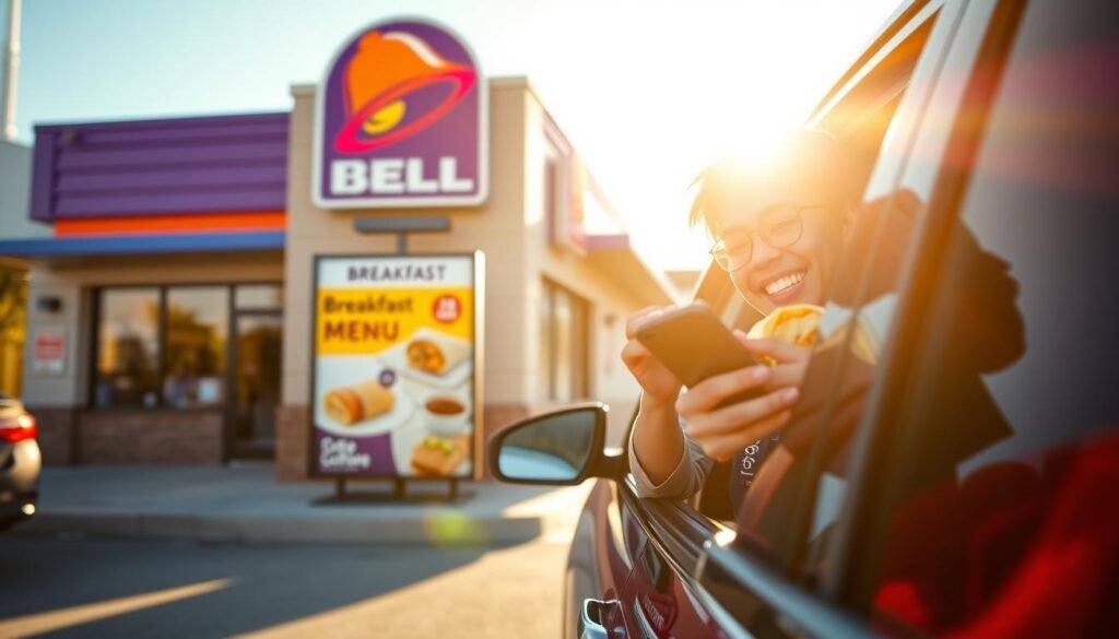 A vibrant Taco Bell drive-thru scene during the morning rush, with a bright, sunny sky casting warm light over the bustling environment. In the foreground, a cheerful customer holding a breakfast burrito leans against a car, excitedly checking the time on their phone. In the middle ground, a colorful Taco Bell sign displays the breakfast menu, with tempting images of breakfast items like Crunchwraps and coffee. The background features the restaurant building, adorned with the iconic purple and orange colors, with soft morning shadows creating a welcoming atmosphere. The overall mood is lively and energetic, capturing the urgency of the breakfast cutoff time, with a slight lens blur to emphasize the foreground action.
