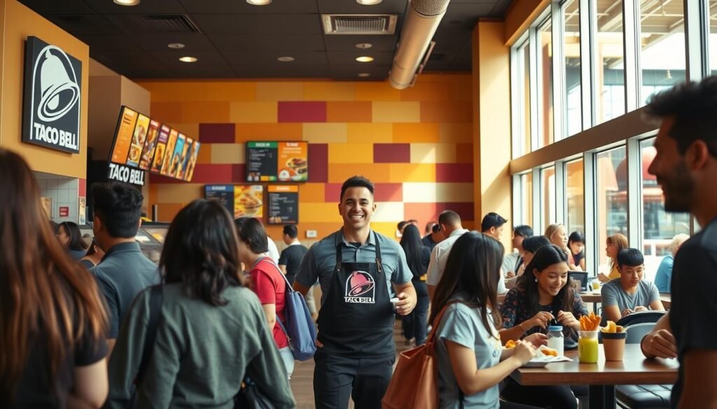 A vibrant Taco Bell restaurant during lunchtime, bustling with activity. In the foreground, a diverse group of customers in casual attire engages with the menu, while others wait patiently at the counter. The middle section showcases a joyful staff member in a Taco Bell uniform serving food with a smile, surrounded by colorful menus and appetizing food items. The background reveals the restaurant interior featuring bright, inviting colors and a lively ambiance with patrons chatting and enjoying their meals. Soft, natural lighting pours in through large windows, creating a warm atmosphere. Capture this scene from a dynamic angle that highlights the excitement and engagement of customers experiencing Taco Bell during lunch hours.