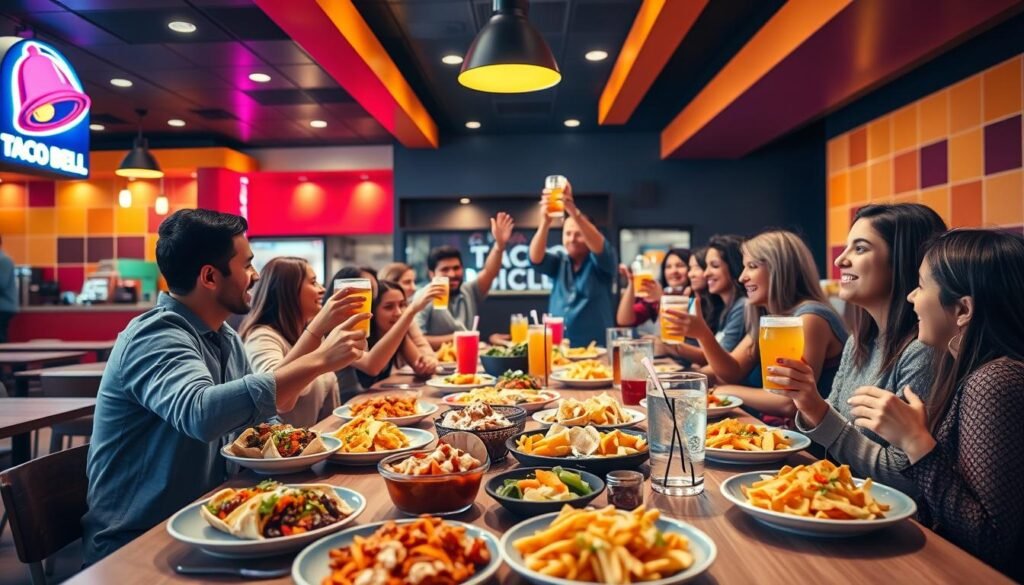A vibrant Taco Bell restaurant interior designed for group gatherings during Happy Hour. In the foreground, a long table is filled with colorful Taco Bell menu items including tacos, burritos, nachos, and drinks, all presented invitingly. In the middle, a diverse group of people in casual clothing is enjoying their meal, sharing laughter, and raising drinks in celebration. The background showcases the bright, iconic Taco Bell decor with bold colors and playful lighting. Soft, warm lights illuminate the scene, creating a cozy and festive atmosphere. The angle captures the fun, dynamic energy of a group enjoying their time together at Taco Bell, emphasizing friendliness and camaraderie.