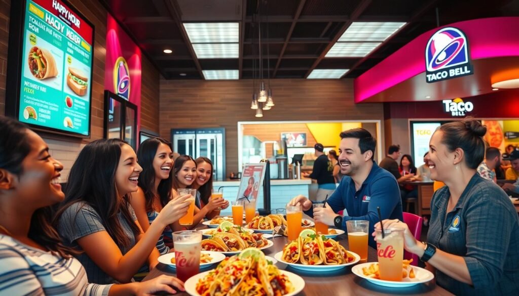 A vibrant Taco Bell restaurant interior during Happy Hour, showcasing a colorful menu board featuring discounted items. In the foreground, a diverse group of friends, dressed in casual clothing, laughing and discussing their orders at a table piled with tacos and drinks, capturing the excitement of the experience. The middle ground features a sleek counter with a friendly cashier, smiling as they take orders, illuminated by warm, inviting lighting that enhances the cheerful atmosphere. In the background, patrons enjoying their meals, with bright decor and Taco Bell branding visible. The image has a lively, fun mood, perfect for capturing the essence of maximizing your Taco Bell Happy Hour experience. The angle is slightly above eye level, giving a comprehensive view of the bustling restaurant scene.