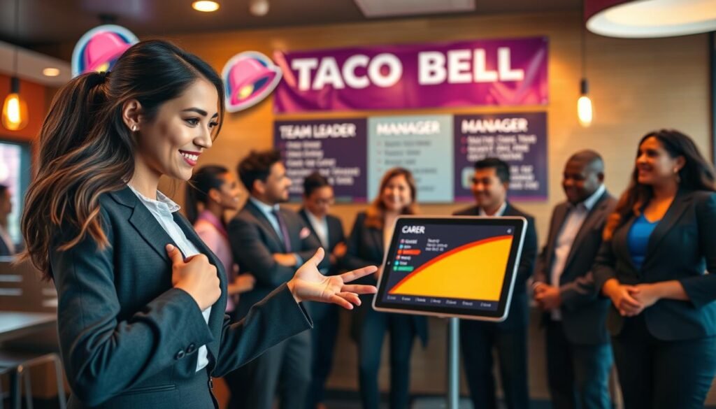 A vibrant Taco Bell restaurant interior featuring a diverse group of employees discussing career advancement opportunities. In the foreground, a confident young woman in professional attire gestures toward a colorful career progress chart displayed on a tablet, showcasing potential growth paths. The middle area includes upbeat team members in business casual clothing, engaging in a brainstorming session, with a banner in the background that visually highlights various job roles such as team leader and manager. Warm, inviting lighting bathes the space, creating an energetic and motivational atmosphere. The scene emphasizes a sense of community, ambition, and teamwork within the Taco Bell environment, with soft focus in the background to draw attention to the people in the foreground.