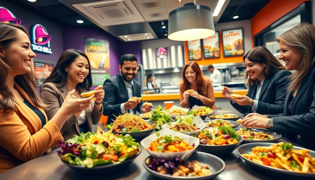 A vibrant Taco Bell restaurant interior featuring a prominently displayed vegetarian menu, showcasing colorful, plant-based dishes artfully arranged on a table. In the foreground, a diverse group of people in professional business attire enthusiastically sampling the vegetarian options, with smiles reflecting satisfaction and health-conscious choices. In the middle, the restaurant's modern decor with bright, inviting colors and promotional posters highlighting the vegetarian menu's benefits. In the background, a bustling kitchen with staff preparing fresh ingredients, emphasizing the brand's commitment to quality. The scene is illuminated with warm, inviting lighting, creating a lively atmosphere that conveys the positive impact of the vegetarian menu on Taco Bell’s brand image. The angle focuses on the interaction among customers and the vibrant food, capturing a moment of joyful dining experience.