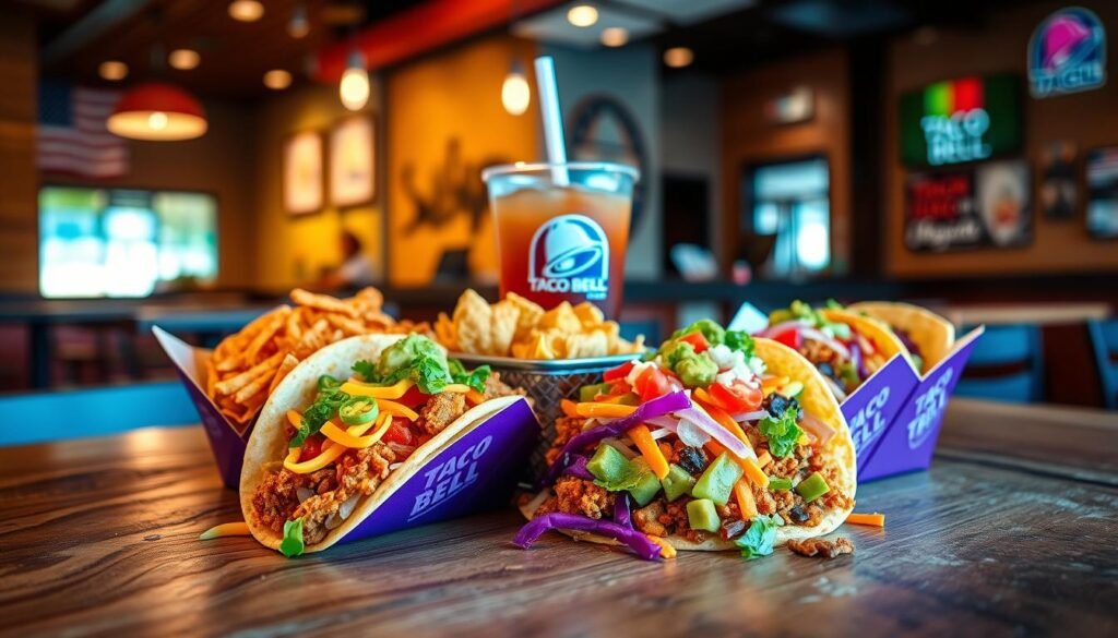 A vibrant and appealing Taco Bell lunch menu displayed on a rustic wooden table. In the foreground, showcase colorful taco varieties, including crunchy and soft tacos filled with fresh ingredients like lettuce, tomatoes, and cheese, alongside a side of nachos topped with guacamole and salsa. In the middle, feature a refreshing beverage, like a soft drink or iced tea, elegantly positioned next to the food. The background should capture a cozy Taco Bell restaurant interior, complete with warm lighting and a hint of engaging decor. The atmosphere is inviting and casual, conveying a sense of midday comfort. Use a shallow depth of field to emphasize the lunch items in the foreground while softly blurring the background.