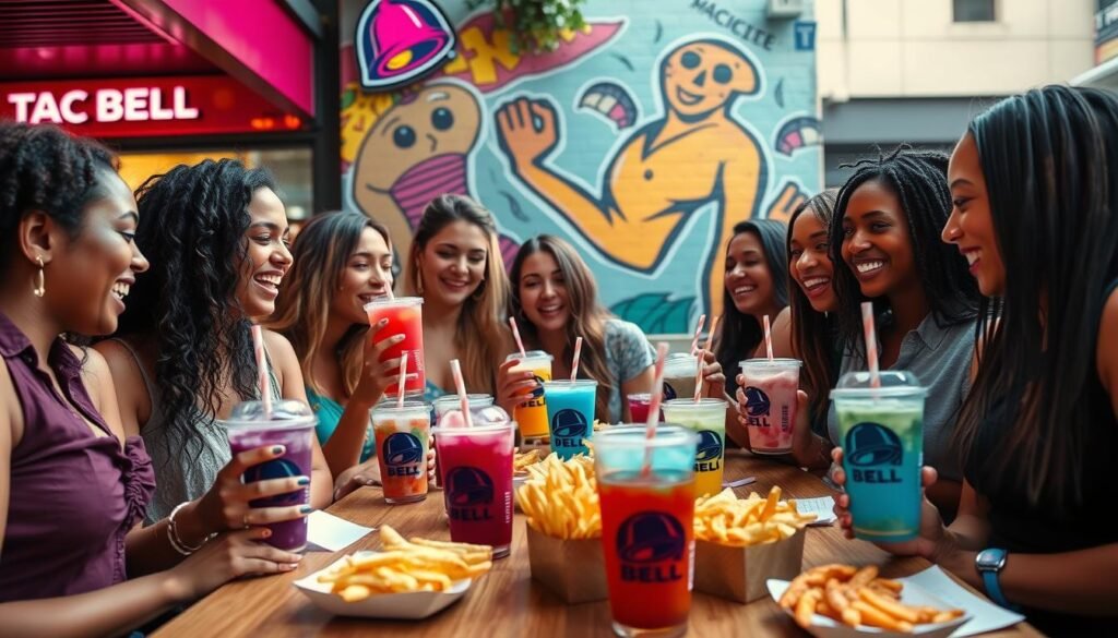 A vibrant and colorful scene showcasing the cultural influence of Taco Bell specialty drinks. In the foreground, a group of diverse young adults, ethnically varied, enjoying Taco Bell drinks—boldly colored freezes and unique beverages in stylish cups. They are casually dressed, laughing and sharing stories, embodying a fun social atmosphere. In the middle, a table filled with iconic Taco Bell menu items complements the drinks, enhancing the festive mood. The background features a lively urban setting, with Taco Bell branding subtly visible on a restaurant sign and a colorful mural depicting Mexican-inspired art. The lighting is warm and inviting, creating a cheerful ambiance, while the angle is slightly overhead to capture the joy of the group and their drinks.