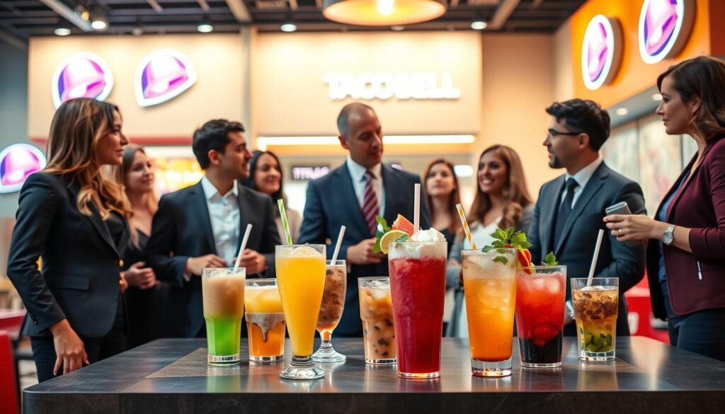 A vibrant and engaging scene showcasing Taco Bell's market strategy specifically focused on their specialty drinks. In the foreground, a diverse group of professionals dressed in smart business attire discuss various colorful specialty drinks placed on a table, depicting innovation and excitement. In the middle ground, an artistic display of Taco Bell's specialty drink menu items, featuring unique beverage concepts such as fruity slushes and iced teas with artistic garnishes. The background showcases a modern, brightly lit Taco Bell restaurant environment, with playful branding and logos. Bright, energetic lighting focuses on the drinks, while soft lighting enhances the professionals engaged in discussion. The overall mood is creative, dynamic, and forward-thinking, reflecting Taco Bell's youthful and adventurous brand identity.