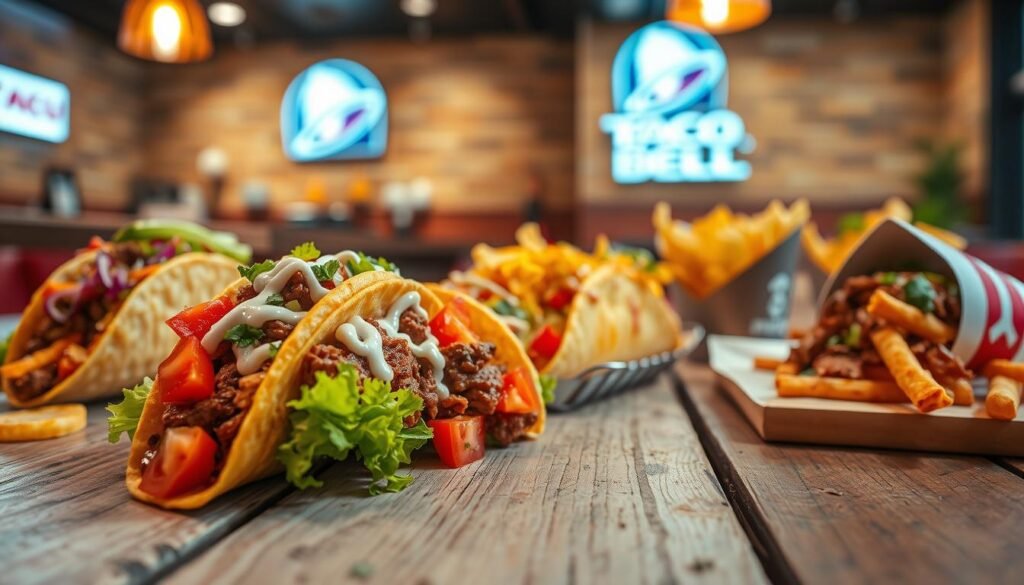 A vibrant and enticing display of Taco Bell's limited-time offerings, featuring a variety of colorful tacos, burritos, and nachos artfully arranged on a rustic wooden table. In the foreground, a close-up of a crunchy taco filled with fresh lettuce, juicy tomatoes, and flavorful seasoned beef, topped with melted cheese and a drizzle of creamy sauce. In the middle, a selection of limited-time menu items, each uniquely presented, with eye-catching garnishes and bright colors. The background fades into a soft-focus, showcasing the iconic Taco Bell logo and a cozy fast-food setting with warm lighting, evoking a nostalgic yet contemporary atmosphere. The mood is appetizing and inviting, perfect for food enthusiasts.
