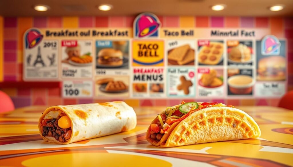A vibrant and nostalgic representation of Taco Bell's breakfast evolution, featuring a beautifully arranged table showcasing various breakfast items over the years. In the foreground, include a classic breakfast burrito and a colorful waffle taco, artistically presented on a bright, branded mural background that reflects the Taco Bell aesthetic. In the mid-ground, display vintage advertisements illustrating the evolution of menu items, with images transitioning from early breakfast offerings to modern creations. The background should feature a softly blurred Taco Bell restaurant, enhancing the sense of history. Use warm, natural lighting to create an inviting atmosphere, highlighting the textures of the food. The composition should convey a sense of delightful discovery, inviting the viewer to explore Taco Bell's breakfast timeline in a professional, engaging style.