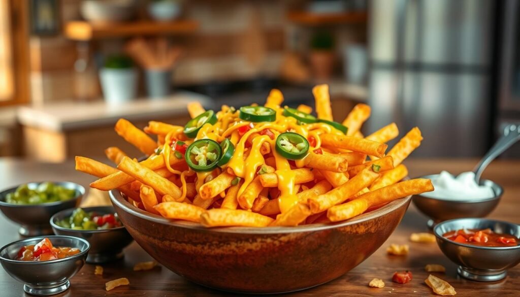 A vibrant, appealing arrangement of nacho fries in a stylish, rustic bowl, placed centrally in the foreground. The fries are golden and crispy, topped with melted cheddar cheese, neatly drizzled with creamy nacho cheese sauce, and garnished with fresh jalapeño slices for a touch of spice. Scattered around are colorful sides such as fresh guacamole, tangy salsa, and sour cream in small, elegant dishes. The background features a warm, inviting kitchen setting with soft, natural lighting enhancing the textures of the ingredients. The scene is shot from a slightly elevated angle to capture the details of each item, creating a cozy, indulgent atmosphere that highlights the deliciousness of nacho fries without any text or distractions.