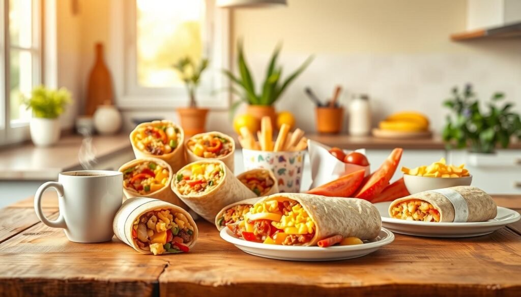 A vibrant breakfast scene showcasing a mix of popular breakfast items, framed on a rustic wooden table. In the foreground, a variety of delicious Taco Bell breakfast options such as Crunchwraps and breakfast burritos, artistically arranged next to a steaming cup of coffee and a plate of fresh fruit. In the middle, a warm, inviting atmosphere created by soft, natural morning light filtering through a nearby window, illuminating the delicious items. The background features a casually designed kitchen with pastel-colored walls and subtle green plants, enhancing the fresh, appetizing mood. The image captures a sense of comfort and choice, reflecting customer preferences in a delightful breakfast setting. The angle should be slightly elevated to highlight the food composition while keeping focus on the breakfast items without distracting elements.