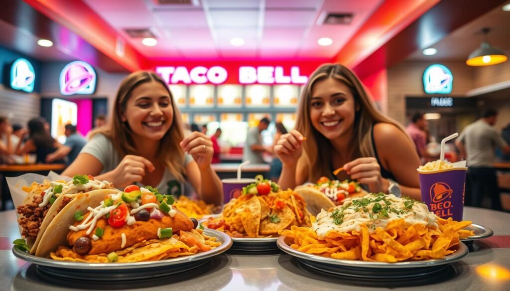 A vibrant dining scene featuring an assortment of Taco Bell's new menu items. In the foreground, a colorful spread of tacos, burritos, and nachos topped with fresh ingredients sits enticingly on a table. A couple of friends, casually dressed, are savoring the food with smiles, emphasizing the joy of the eating experience. In the middle, a lively fast-food restaurant ambiance with other patrons enjoying their meals can be seen, adding to the atmosphere. Bright neon lights from Taco Bell's signage cast a warm glow over the scene, creating a fun and inviting mood. The background features the restaurant's iconic branding and lively colors, enhancing the overall excitement of exploring the new menu. The image is captured with a slight overhead angle, emphasizing the food and the shared experience while maintaining a clear focus on the joyful vibe.