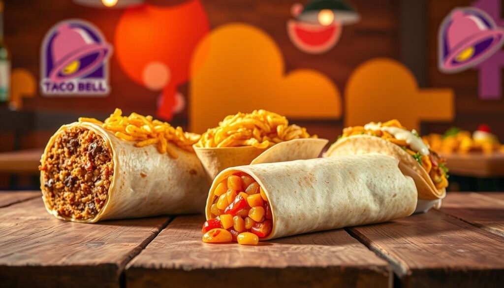 A vibrant display of Taco Bell's fan-favorite discontinued menu items arranged artfully on a rustic wooden table. In the foreground, highlight the iconic Beefy Crunch Burrito, a Cheesy Fiesta Potatoes, and a Crunchwrap Supreme, showcasing their textures and colors. The middle layer captures the warm ambiance of a cozy fast-food setting with soft diffused lighting creating an inviting atmosphere, enhancing the vivid yellow and red hues associated with Taco Bell. In the background, abstract shapes of Taco Bell’s branding subtly blend with a blurred image of tacos and nachos, evoking nostalgia. The angle is slightly tilted downwards, focusing on the delicious food while maintaining a cheerful and energetic vibe, perfect for celebrating beloved menu items of the past.