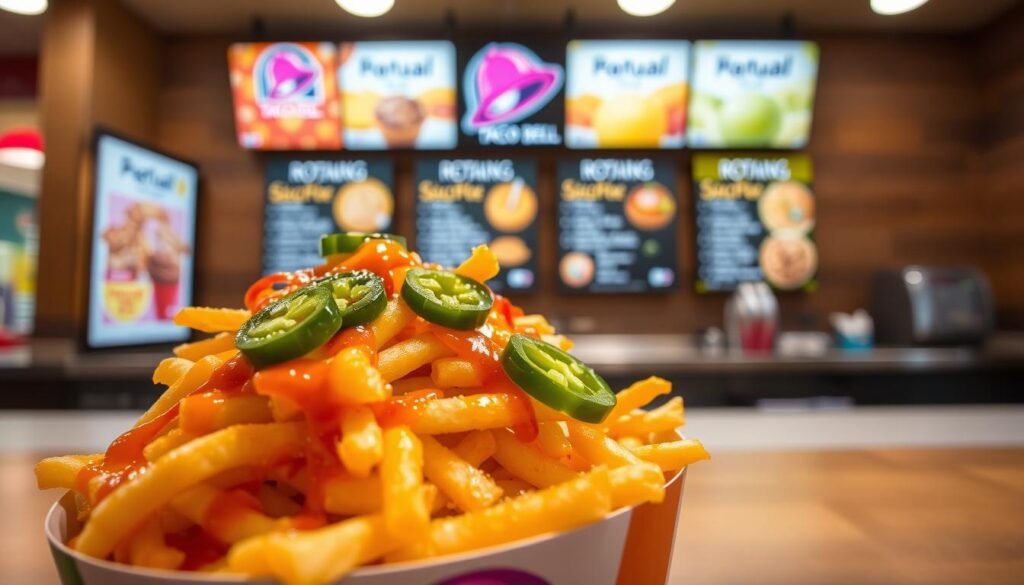 A vibrant display of Taco Bell's nacho fries menu item, featuring a heaping portion of golden, crispy fries topped with warm, gooey nacho cheese, drizzled with zesty nacho sauce, and garnished with fresh jalapeños. The foreground showcases a close-up of the fries in a branded Taco Bell bowl, emphasizing the textures and vibrant colors. In the middle, an inviting Taco Bell counter with menu boards in the background displaying rotating seasonal flavors. Soft, warm lighting illuminates the scene, casting a inviting glow. The perspective captures an angled view, as if a customer were eagerly anticipating their order. The atmosphere is lively and casual, reflecting a fun and familiar fast-food experience, free of any text or markings.