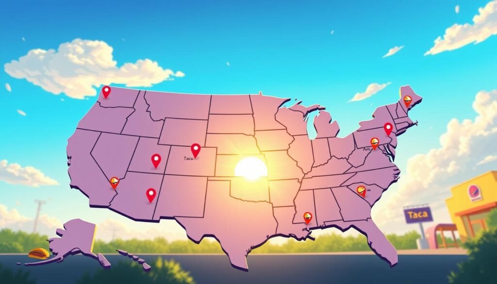 A vibrant, engaging illustration of Taco Bell's breakfast hours across the U.S. Visualize a map of the United States in the foreground, focus on colorful Taco Bell locations marked with breakfast food icons like tacos, burritos, and coffee. In the middle ground, show an animated sunrise to symbolize breakfast time, casting warm golden light over the map. The background features a bright, clear blue sky with fluffy clouds to evoke a cheerful morning atmosphere. The overall mood is lively and inviting, reflecting a busy breakfast scene. The angle should be slightly elevated to capture the entire map in a dynamic perspective. Ensure the image is free of any text, logos, or other distractions.