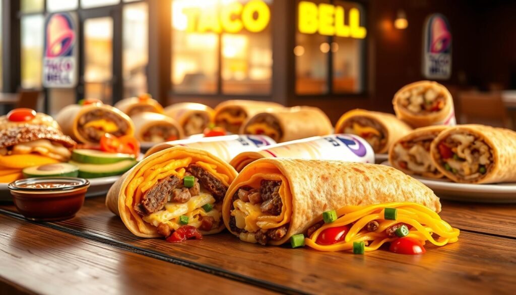 A vibrant, enticing display of Taco Bell breakfast favorites, featuring a delicious spread of Crunchwrap Supremes, Breakfast Burritos, and Cinnabon Delights laid out on a rustic wooden table. In the foreground, a golden-brown Crunchwrap Supreme is half unwrapped, showcasing layers of scrambled eggs, sausage, and melted cheese, with a side of fresh salsa. The middle ground highlights an assortment of breakfast items, including colorful, stuffed burritos and pastries, all plated with fresh avocados and tomatoes. In the background, a softly blurred Taco Bell restaurant exterior with early morning light streaming through the windows, casting warm hues across the scene. The overall atmosphere is inviting and cheerful, evoking the joy of a satisfying breakfast experience.