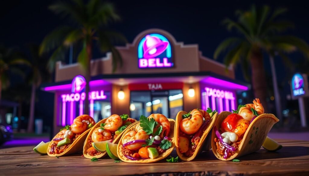 A vibrant night scene showcasing the Taco Bell Baja Midnight Menu. In the foreground, an appealing display of unique Baja-inspired tacos featuring colorful ingredients like spicy shrimp, fresh avocado, and zesty sauces, adorned with lime wedges and cilantro, elegantly arranged on a rustic wooden table. The middle layer includes a well-lit Taco Bell storefront showcasing its signature purple neon lights that glow against the night sky, inviting customers to explore the menu. The background features a subtle blend of palm trees and starry skies, enhancing the California vibe. Employ a soft focus with gentle bokeh around the edges to capture the enchantment of an inviting midnight feast, conveying a lively and playful atmosphere that emphasizes culinary creativity and excitement.