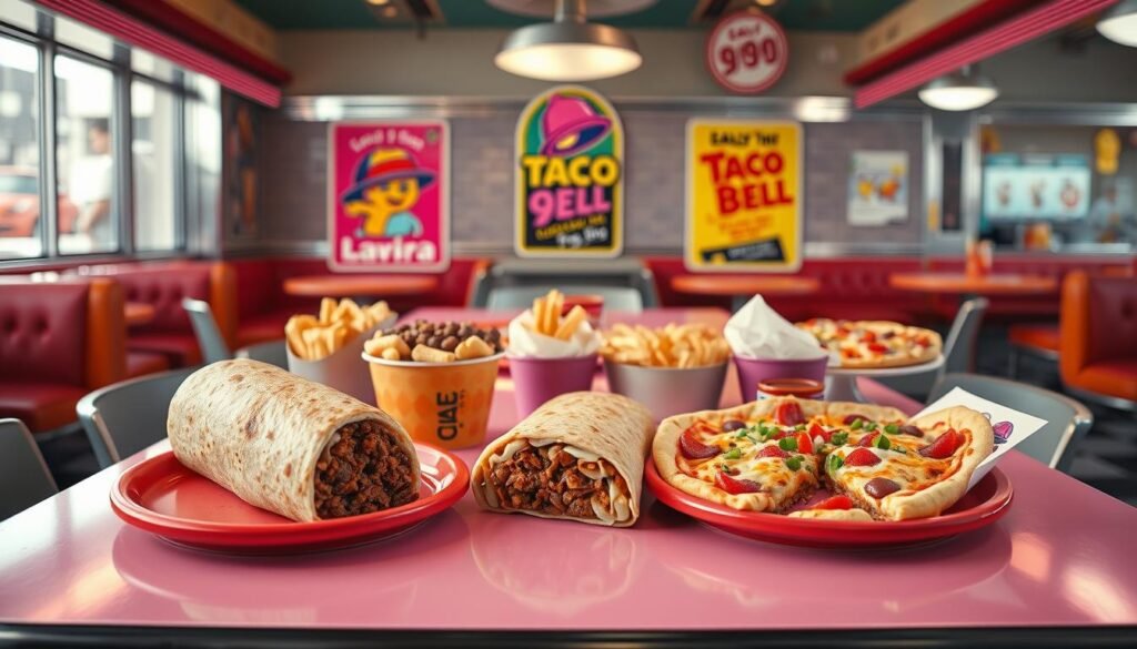 A vibrant, nostalgic scene showcasing a variety of retro Taco Bell menu items from different decades, artfully arranged on a colorful retro diner table. In the foreground, include classic items like a Quad Beef Burrito, Enchirito, and a classic Mexican Pizza, all displayed on vintage ceramic plates. In the middle ground, add elements like early '90s Taco Bell promotional posters featuring bright colors and playful designs. The background should resemble a lively retro diner setting with chrome accents and checkered floors, with soft, warm lighting to evoke a cozy atmosphere. The angle should be slightly elevated to capture the table's arrangement and diner ambiance. Overall, the mood should be cheerful and reminiscent, celebrating the joy of indulgent, nostalgic fast food.
