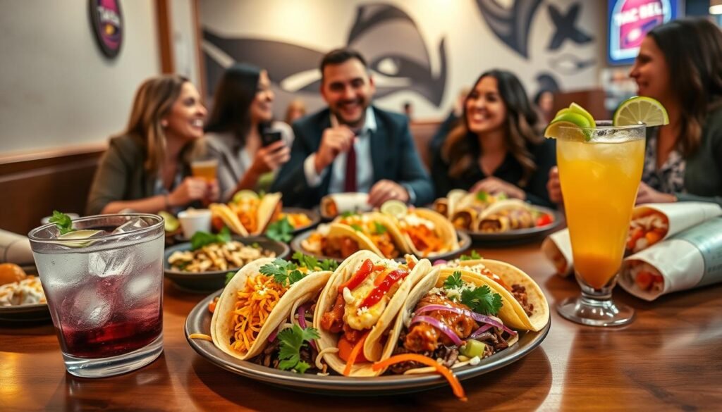 A vibrant scene capturing a table filled with various items from Taco Bell's Baja Midnight Menu. In the foreground, a beautifully arranged plate features a variety of colorful tacos and burritos, garnished with fresh herbs and sauces. Beside it, a stylish drink with ice and a lime wedge adds a pop of color. In the middle ground, a group of enthusiastic customers in business casual attire are engaged in animated discussion, sharing their favorites and enjoying the food. The background showcases a cozy, inviting Taco Bell environment with soft, warm lighting and modern decor. The atmosphere conveys a sense of excitement and satisfaction, making it clear that these dishes are crowd-pleasers. The image is created with a shallow depth of field to focus on the food and the joyful expressions of the customers.