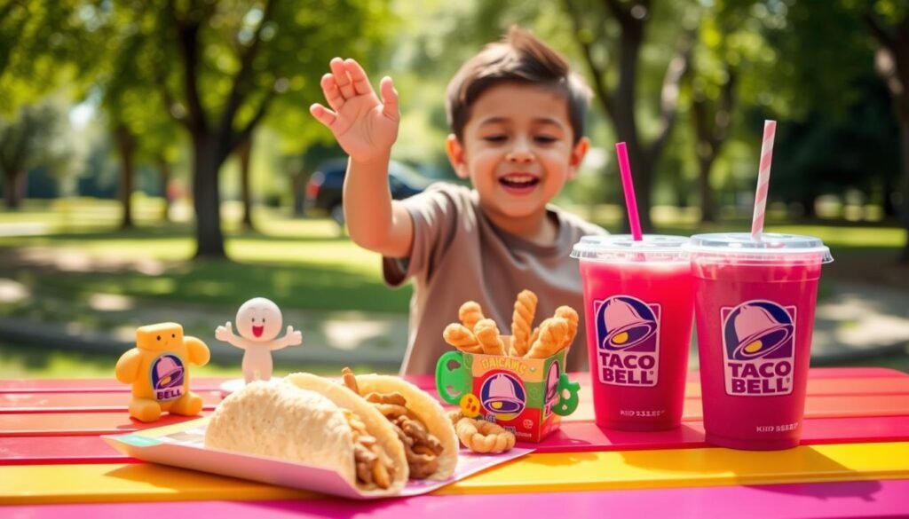 A vibrant scene showcasing a Taco Bell Kids Meal prominently displayed in the foreground on a colorful picnic table. The meal includes a small taco, a side of cinnamon twists, and a drink with a playful straw. Surrounding the meal are promotional toys like a cute plastic figure and a fun puzzle, adding an element of excitement. In the middle ground, a cheerful child in modest clothing is joyfully reaching for a toy, embodying the fun and value of the meal. The background features a sunny, playful park atmosphere with soft, diffused sunlight filtering through green trees, enhancing the sense of joy and value associated with the Taco Bell Kids Meal. The overall mood is lighthearted and engaging.