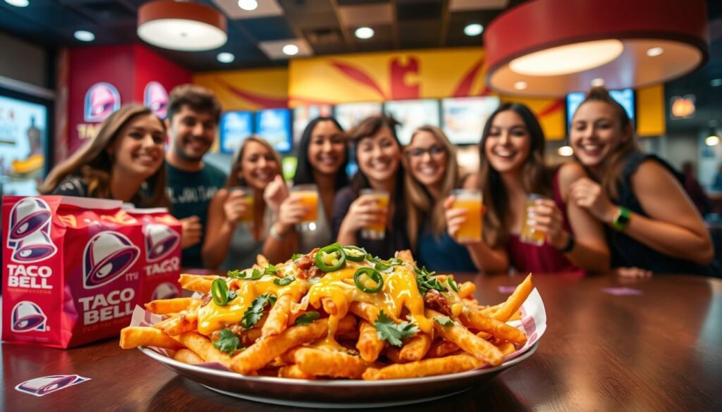 A vibrant tabletop scene featuring a colorful platter of Nacho Fries, elegantly garnished with cheese sauce, jalapeños, and fresh cilantro, situated in the foreground. Surrounding the fries, there's a lively atmosphere filled with Taco Bell branding elements, such as the iconic logo and packaging, to emphasize their popularity. In the middle ground, a group of diverse, casually dressed young adults joyfully sharing and enjoying the Nacho Fries, exuding enthusiasm and camaraderie. In the background, a well-lit Taco Bell restaurant ambiance with bright colors and digital menus creates a welcoming environment. The lighting is warm and inviting, capturing a fun, social mood, taken from a slightly elevated angle to highlight the delicious fries and the engaging scene.