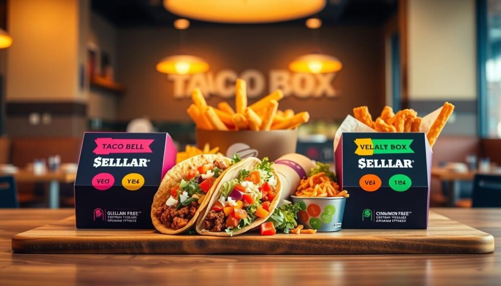 A vibrant, visually appealing display of Taco Bell's 5 Dollar Box options arranged on a wooden table. In the foreground, showcase a colorful spread featuring a classic crunchy taco, a bean burrito, and a side of cinnamon twists, each labeled with colorful icons indicating dietary options like vegetarian and gluten-free. The middle ground includes a variety of fresh ingredients, such as chopped lettuce, diced tomatoes, and shredded cheese, artfully arranged. The background features a soft-focus restaurant interior with warm lighting, enhancing the inviting atmosphere. A multi-angle shot captures the details of the food, with a slight overhead view for clarity. The mood is appetizing and encouraging, highlighting inclusivity for diverse dietary needs without any text or distractions.