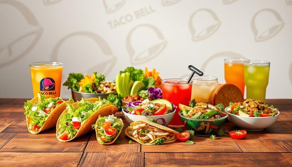 A visually appealing arrangement of Taco Bell's diet-friendly menu items, such as the Fresco Soft Taco, Power Menu Bowl, and Crunchy Taco, featuring fresh ingredients like lettuce, tomatoes, and grilled chicken. The foreground should showcase a colorful spread on a rustic wooden tabletop, with a varied selection of bright, vibrant salads, and low-calorie drinks, elegantly placed for an inviting look. In the middle, soft natural lighting enhances the freshness, highlighting the textures and colors of the food. The background features abstract patterns of the Taco Bell logo in muted tones, subtly reinforcing the brand without overpowering the food display. The overall mood is fresh and energetic, appealing to health-conscious diners seeking flavorful options.