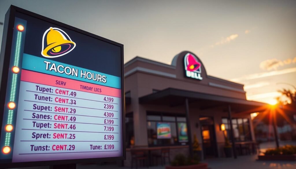 A visually appealing representation of "Regional Taco Bell Hours" displayed on a large, illuminated menu board outside a Taco Bell restaurant. In the foreground, focus on the colorful menu board showcasing various serving times, highlighted with bright neon lights to create an inviting atmosphere. In the middle, depict a well-maintained Taco Bell building with its signature branding, emphasizing regional architectural styles through elements like local flora or city signs. In the background, present a sunset sky, casting warm golden hues that enhance the evening ambiance. The scene should evoke a friendly and communal vibe, inviting customers to engage, with a sense of anticipation as they look forward to lunch. Use a shallow depth of field to keep the menu board crisp while slightly blurring the restaurant and background.