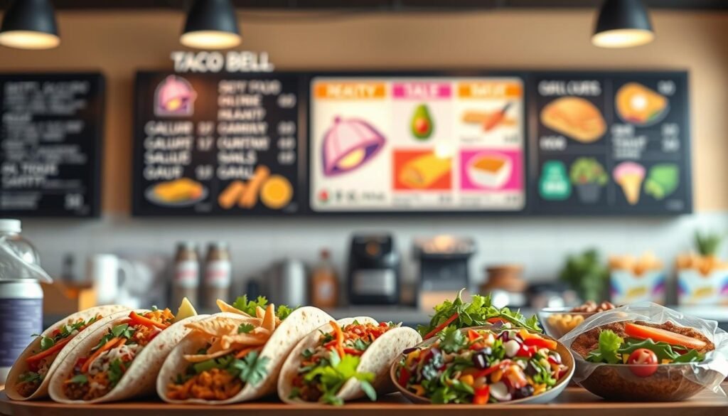 A visually engaging and informative illustration depicting Taco Bell nutritional information, with a colorful layout of various menu items such as tacos, burritos, and salads displayed prominently in the foreground. The background should feature a stylized menu board with vibrant graphics and icons representing healthy eating choices. Soft, diffused lighting enhances the overall clarity, while a slight depth of field effect draws focus to the foreground items. Capture an inviting atmosphere, suggesting a modern fast-food environment. Use a slight upward angle to emphasize the menu items, ensuring no text or branding is visible in the image, creating a clean and professional visual for the article section on nutritional information.