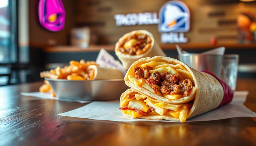 A visually enticing display of Taco Bell's breakfast value menu options, featuring an assortment of items like the breakfast crunchwrap, sausage and egg burrito, and hash browns, arranged artistically on a rustic wooden table. In the foreground, showcase a vibrant breakfast crunchwrap, with its layers of eggs, cheese, and sausage, glistening under soft, warm lighting. The middle ground includes a neatly folded burrito, revealing its savory ingredients, accompanied by crispy hash browns. In the background, a hint of Taco Bell's signature branding can be subtly included, with blurred elements suggesting a lively restaurant atmosphere. The image should evoke a cozy and inviting mood, capturing the essence of a delightful breakfast experience, ideal for readers craving a quick meal.