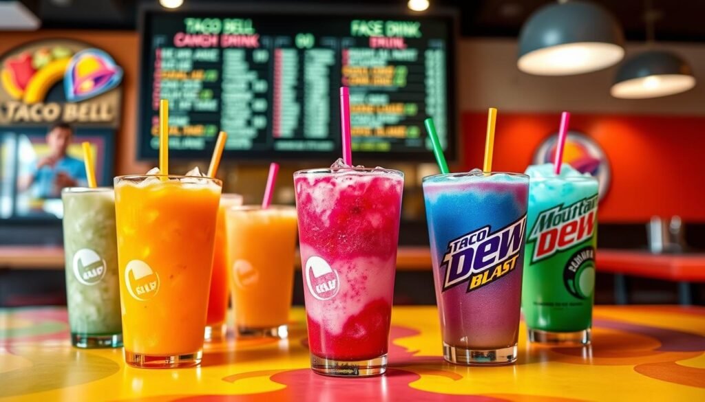An artistic display of a variety of Taco Bell specialty drinks set on a vibrant, colorful tabletop. In the foreground, several clear cups filled with different beverages such as a bright orange Mango Freeze, a refreshing Blue Raspberry Freeze, and a classic Mountain Dew Baja Blast, each topped with ice and colorful straws. In the middle ground, a blurred menu board features enticing drink options to evoke the Taco Bell ambiance. The background includes the soft glow of ambient restaurant lighting, emphasizing a casual, lively atmosphere. Capture the scene from a slight overhead angle to highlight the drinks effectively, ensuring a bright and inviting mood. The image should be vivid and enticing, showcasing the diverse offerings of Taco Bell’s beverages.