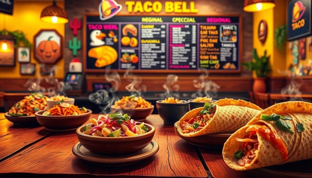 An artistic illustration of a Taco Bell menu displayed on a rustic wooden table, showcasing a variety of unique regional items like the Crunchwrap, Quesadilla, and local specialties inspired by international flavors. In the foreground, close-up shots of colorful Taco Bell food items on ceramic plates, steam rising, with fresh ingredients like avocados and cilantro artistically arranged. The middle ground features a vibrant menu board with diverse regional options listed, adorned with decorative elements reflecting various cultures. In the background, a cozy, warmly lit Taco Bell restaurant ambiance, with soft yellow lighting and cultural decor enhancing the inviting atmosphere. Shot with a shallow depth of field to emphasize the menu and food, the overall mood is appetizing and engaging.